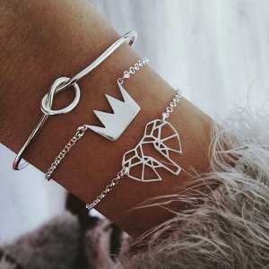 3 Pcs/ Set Fashion Hollow Elephant Crown Knotted Silver Opening Multilayer Cuff Bracelet Set (KB8111)