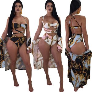 3 Piece Set Crop Tops Bondage Panties Swimsuits With cloak PrintedColour Women's Hot Sell Bikini Beachwear