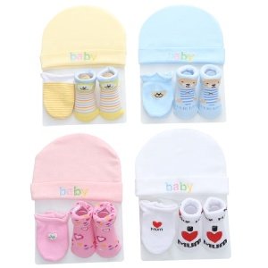 3pcs 100% cotton soft newborn baby socks with matching baby hat and mittens
