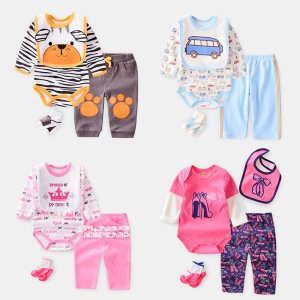4pcs baby clothes set spot wholesale bibs romper pants socks spring autumn long sleeve newborn romper sets