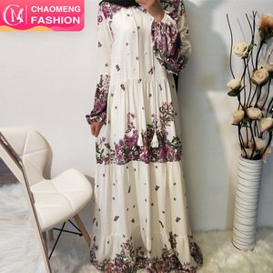 6118# Fashionable Muslim Women Plus Size Long Sleeve Maxi Dresses Islamic Clothing Abaya With Flower Modest White Dress