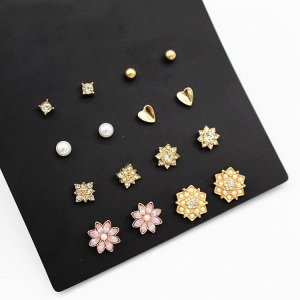8 Pairs/Set Love Heart Flower Ball Crystal Piercing For Women Female Statement Jewelry Wholesale Earrings Set