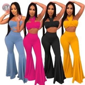 9080924 queenmoen sexy fashion wrap chest band tube top flared pants solid color high waist women clothing two piece set