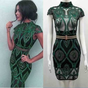 A2109 Green Embroidered Pattern Dress Mimi Dress Guipure Lace Women Fashion Dress Bodycon Instock