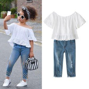Aile Rabbit 2018 summer new girl lace pearl jeans set INS Europe lei one word collar one piece wholesale