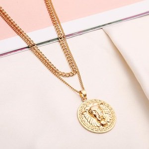 Amason popular chain necklaces personalized womens 2 layer coin lariat necklace gold lion head coin layered necklace