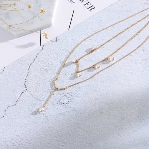 Amazon hot sale Cloth Accessories Popular Women Gold plated Zinc Alloy pearl layer Statement Necklace