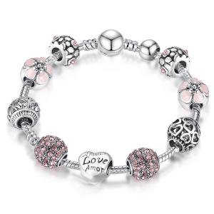 Antique Silver Charm Bracelet & Bangle with Love and Flower Beads Women Wedding Jewelry 4 Colors
