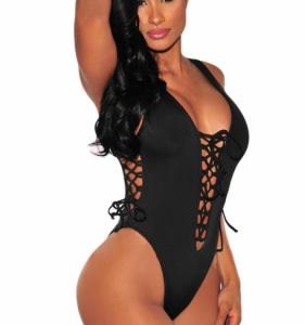 Army Green Lace up High Cut Full Sexy Bodysuits for Women