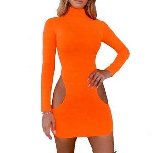 Autumn Round High Neck Long Sleeve Side Hollow Out Blank Women Slim Fit Sexy Bodycon Dresses