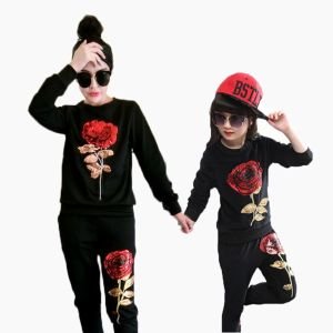 Autumn Sequin Rose Design Babi Girl Mother And Daughter Matching Clothing 2pcs Outfit Tops Hoodies And Pant Pieces