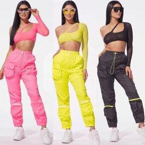 B23756A Hot selling personality women's clothing mesh tops+ Woven trousers 2pcs suits