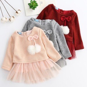 Baby Clothing Autumn Pink Ren Gray Girls Dresses Long Sleeve Tutu Bow Ruffles 4-24 Months Kids Dress Casual Vestidos