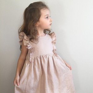 Baby Linen Dress Clothes, Handmade Frilly Sleeves Organic Clothes For Baby Girl's