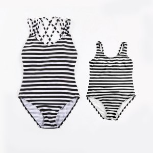 Beachwear Black White Stripe Parent Child Clothing One Piece Swimsuit