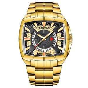 Benyar 5130 Men Military Watch Square Dial Luxury Stainless Steel Calendar Quartz Male Clock Waterproof Sport Men Wrist Watches