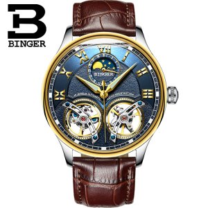 BINGER 8606B L Skeleton Automatic Mechanical Watches Moon Phase Genuine Leather Strap Clock Luminous Luxury Watch Men's relogio