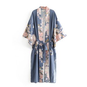 Bohemian style long sleeve floral printed women kimono cardigan outwear beach clothing