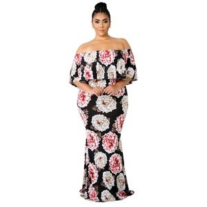 Boho long dresses plus size women off shoulder beach summer sexy floral print maxi dress ruffles vestidos de festa v611042