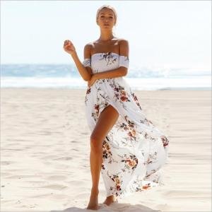 Boho style long dress women Off shoulder beach summer dresses Floral print Vintage chiffon white maxi dress