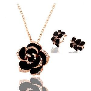 Brand Camellia design pendant fashion women 18k gold plated black painting rose flower necklace earrings Jewelry Sets