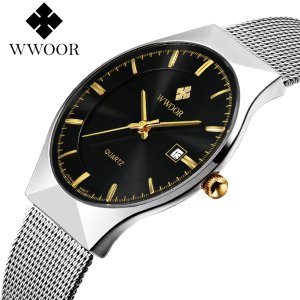 Business Luxury WWOOR Brand Watches Nice Gift Stainless Steel Band Alloy Head Quartz Casual Watches Blue Wrist Ultra Thin Watch