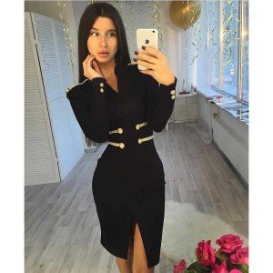 C1759 Wholesale 2019 Bl Style High Quality Rayon Women Fashion Black And Gold Color Sexy V Neck Mini Bandage Dress