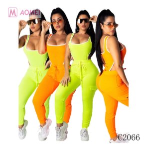 C2066 Summer sexy solid color bodysuit and pants two piece women clothing