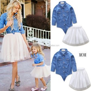 Casual Jeans Mesh Tutu Dress Princess Denim Dress for Mother and Daughter Family Matching Outfits