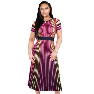 Cheap Design Casual Wear Nipped Waists Womens Dress Short Sleeve Color Stripes O-Collar Midi Ladies African Dresses