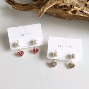 CHIC Minimalist 14K gold plated earrings for women clear purple rhinestone paved heart pearl stud ear jackets