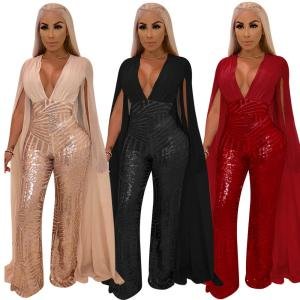 Chiffon Sequined Wrapped Rompers Bodycon Jumpsuits Women 2019 Sexy