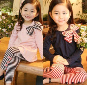 Children Casual Plain Striped Girls Dresses And Leggings Set For Shopping
