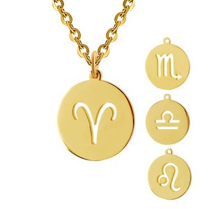 Custom Initial Letter Engraved Necklace Zodiac Horoscope Gold Disc Necklace