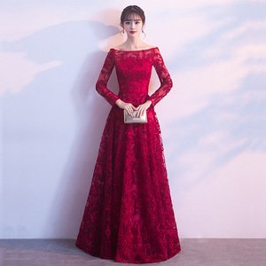 Custom Made Boat Neck Long Sleeve Lace Appliqued Evening Gown