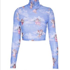 Custom Mesh T Shirts Printing Cupid Print Turtleneck Long Sleeve Women's T-shirt Lumbar Aliexpress 2019