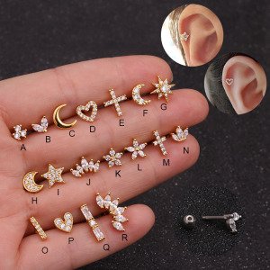 Cz Crown Cross Heart Flower Star Moon Ear Cartilage Earring16G Helix Piercing Jewelry Rook Conch Tragus Screw Back Stud
