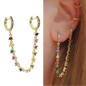 cz tennis long tassel chain double piercing small hoop earring with white rainbow cz