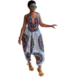 Dashiki Traditional African Print Jumpsuit Women Harem Romper Summer Loose Backless Loose Ladies Jumpsuits Y11235