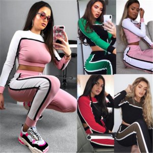 DCT-18913 autumn and winter new round neck stitching contrast color sports suit women's clothing