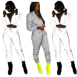 Design reflective in the night crop top hip hop two pieces set drawstring jogger suit