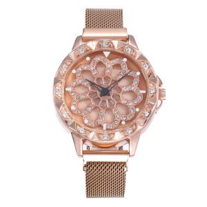 Dropshipping Magnetic Strap Fashion Diamond Gold Luxury Wrist Quartz Watch Lucky Flower Rotating Dial Rotary Women Lady Watch