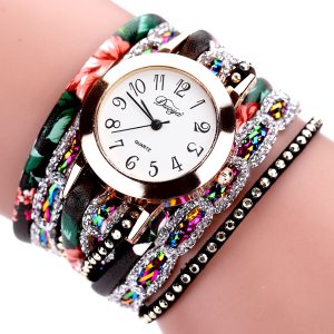 Duoya Brand Fashion Round Dial Quartz Watch Women Flower Wristwatch Steel Luxury Bracelet Watch Multilayer Wrist Watch