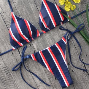 European American Navy Stripe Style Sex Open Bathing Suit Sexy Bikini Young Girl Swimwear