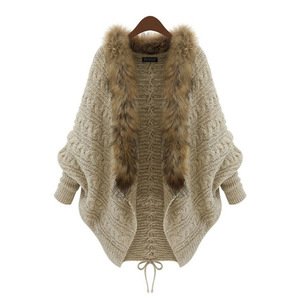 European Style Fur Collar Bat Sleeve Knitted Cardigan Shawl Coat Winter Sweater