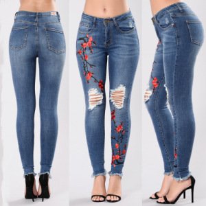 F20535A Hot sale lady jean trousers mid waist ripped skinny  embroidered  jeans pants for women