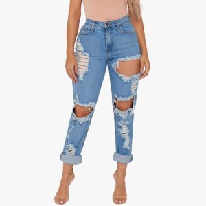 F20911A  new  design Loose big size  ripped  high-waisted jeans 2019 for ladies