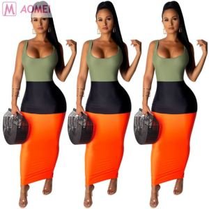 F3004 wholesale woman fashion color block slim long summer casual maxi vest dress
