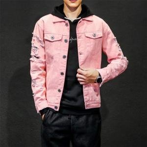 Factory Manufacturer Fashion Denim Collar Long Sleeves Mens Pink Jeans Jacket