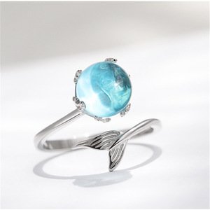 Factory Sale Adjustable Open Cuff Finger Ring Korean Blue Crystal Funny Mermaid Foam Tail Copper Crystal  Ring